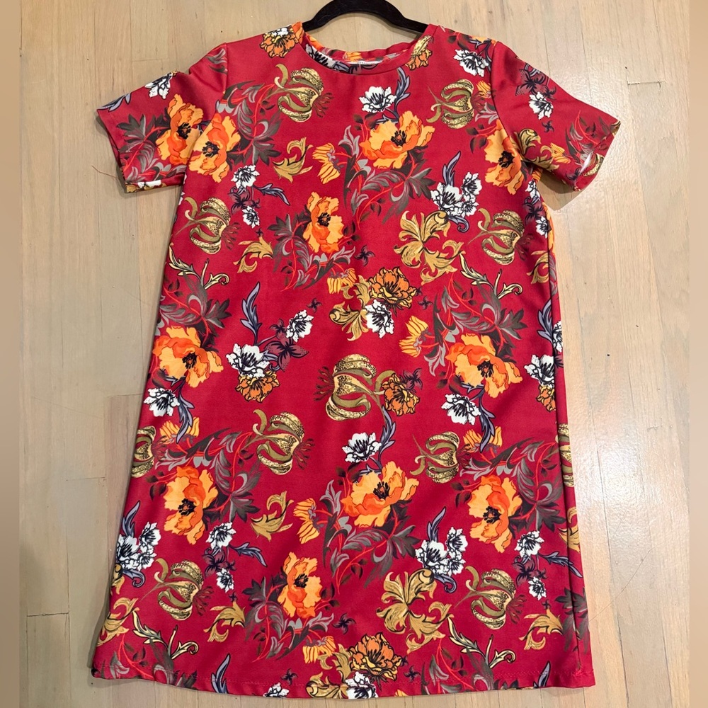 Zara Red Floral Dress with Orange and Gold Flowers MEDIUM